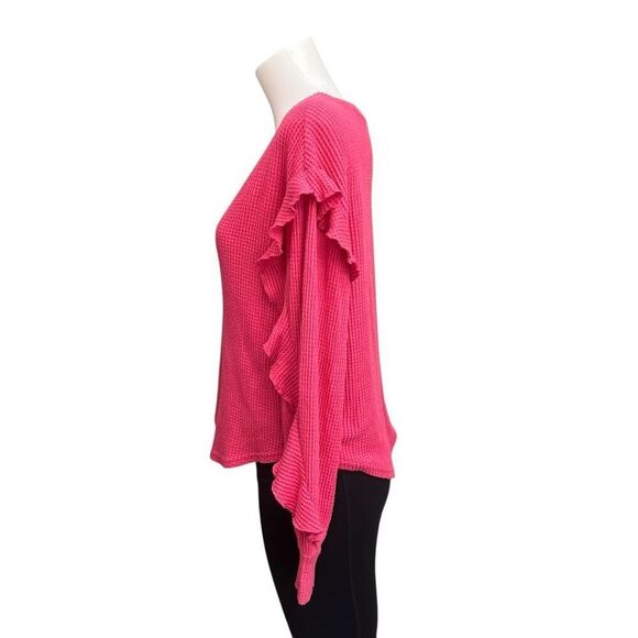 Anthropologie Pilcro Pink Waffle Knit V Neck‎ Ruffled Long Sleeve Top small - Picture 3 of 8